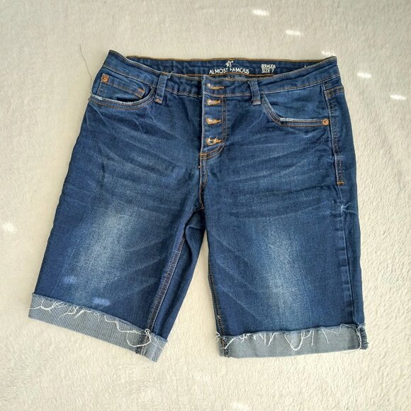 Almost Famous Pants - Almost Famous Size 7 Women’s Blue Denim Bermuda Shorts Stretch Button Up